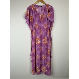 Zara V-neck Caftan Midi Dress Purple Orange Tie-Dye Short Sleeves Lightweight XS